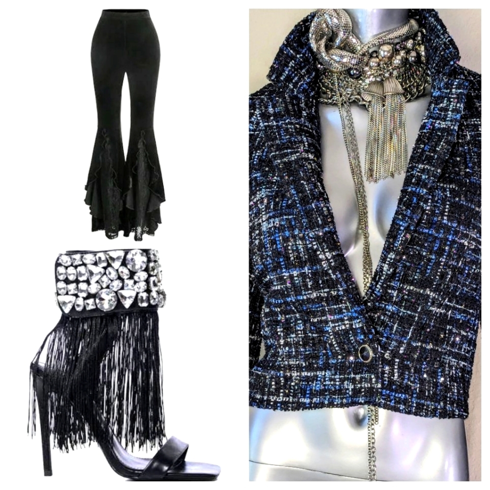 "Bagatelle Collection" TWeed Cropped Dark Academia Sparkling One Button Jacket